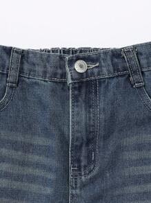 SHEIN Girls' Casual All-Match School Style Simple Washed Light Blue Denim Skirt Fall Winter