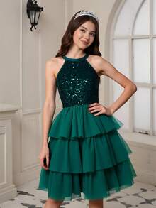 Sparklyn 少女优雅天鹅绒串珠无袖修身网眼蛋糕裙，秋冬奢华派对礼服 - 墨綠色 - 查看 3