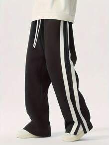 1 件青少年时尚简约百搭设计罗纹拼接腰带运动裤，适合秋冬日常休闲通勤穿着 - 黑色 - 查看 1