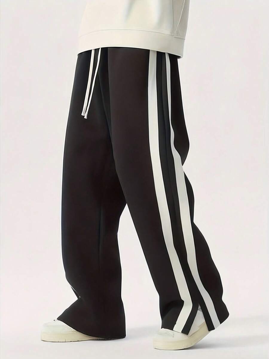 1 件青少年时尚简约百搭设计罗纹拼接腰带运动裤，适合秋冬日常休闲通勤穿着 - 黑色 - 查看 1