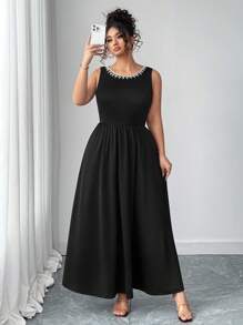 SHEIN Elenzya 大码女式黑色针织紧身珍珠边无袖优雅连衣裙，适合约会或派对 - 黑色 - 查看 1