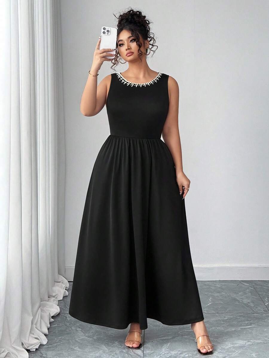 SHEIN Elenzya 大码女式黑色针织紧身珍珠边无袖优雅连衣裙，适合约会或派对 - 黑色 - 查看 1