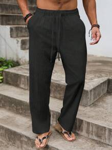 VENTUSAIL 男士纯色抽绳腰口袋休闲亚麻长裤男黑色亚麻裤男宽松裤子男抽绳裤男休闲裤男裤秋季 - 黑色 - 查看 3