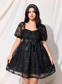 SHEIN MOD فستان قصير مطرز بأكمام منتفخة مقاس كبير، أسود، صيفي، تصميم مزين بفيونكة ساتان، أنيق، رسمي، للسهرة، الحفلات والمناسبات والولائم بطراز النهضة - الأسود - مشاهدة 9
