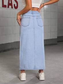 SHEIN PETITE 女士休闲时尚简约下摆开衩牛仔 A 字裙，日常穿着 - 藍色 - 查看 2