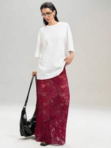 LYSMO 2025年新款女式花卉蕾丝长款时尚透明中长裙 - 酒紅色 - 查看 7