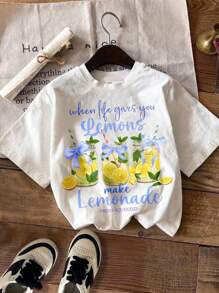 SHEIN Leap Crew Teen Girls' Casual Pattern Short Sleeve T-Shirt, Suitable For Summer Lemonade Shirt Kids Teen Girls Summer Clothes Cute Summer T Shirts Lemonade T-Shirt Kids Graphic Tees