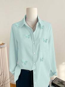 Franclia 3D刺绣蝴蝶长袖衬衫，春季韩版宽松休闲校园时尚上衣，适合大学女生春季秋季服装