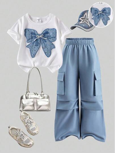 SHEIN Set de 2 piezas de ropa casual de verano para niñas preadolescentes, que incluye una camiseta de manga corta con cuello redondo y diseño de lazo bordado, talla grande pantalones cargo, conjunto de atuendo para primavera/verano