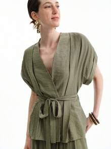 Aalyst 2pcs Women Summer Bohemian Style Tie Waist Dolman Sleeve V-Neck Top And Wide Leg Shorts Set - Green - View 5