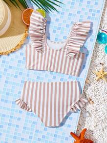 Seturi de bikini cu volane și dungi pentru fete tinere, mâneci scurte elegante, combinate cu pantaloni scurți cu talie înaltă, deblochează vitalitatea verii.