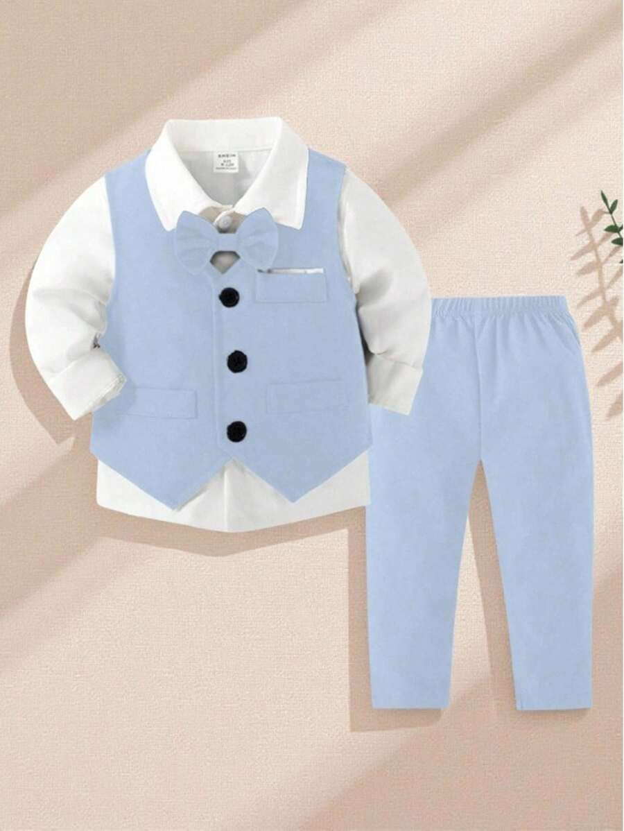SHEIN Bộ vest nam 2 món: Áo ghi lê trơn và quần dài, thời trang thoải mái cho tiệc sinh nhật, sự kiện buổi tối, đám cưới - Màu xanh nhạt - Xem 1