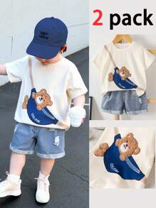 SHEIN 2 Pcs/Set Toddler Boys/Girls Comfy Casual Cute Bear Pattern Short Sleeve T-Shirt And Denim Shorts Set, Suitable For Spring/Summer Indoor & Outdoor, Daily Wear, Sports, Play, Party, Photo Shoot, Vacation, Holidays Baby Boy Clothes Summer 2 Piece Set Baby Casual Sets Baby Boy Casual Short Sleeve - Blue - View 3