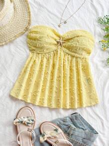 Soleia 女士度假梭织淡黄色激光切割纹理抹胸上衣，带有褶饰紧身胸衣、海星纽扣装饰、褶皱后背、A 字腰部细节、修身版型，非常适合派对、约会、海滩、夏季 - 黃色 - 查看 5