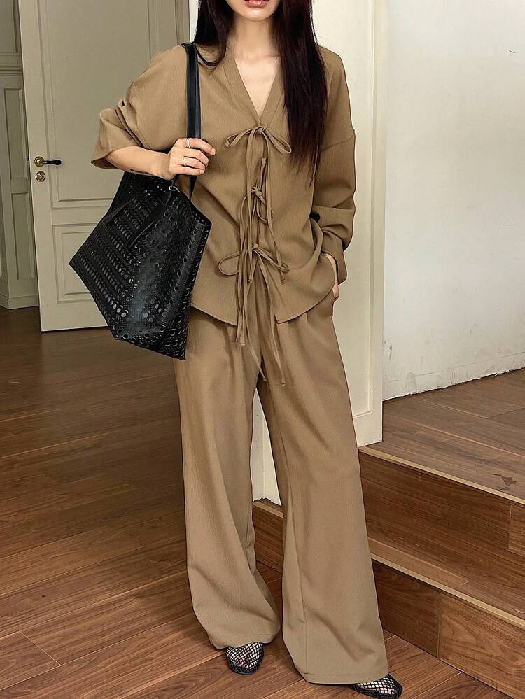 2pcs Women Casual Commuter Solid Color Shirt And Drawstring Pants Suit