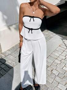 Siren Gaze Business Casual Woman Old Money Style Back To School Teacher Outfits For Women Winter Clothes For Women Autumn Clothes White Set Black Bow Tube Top Vest White Trousers Suit Commuting Leisure Women 2pcs Set Elegant Contrast Color Trim Bow Decor Camisole And Pants, Summer White