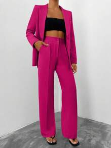 EURMUSE Women's Daily Casual Solid Button Suit Set - Hot Pink - View 4