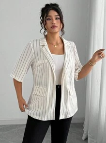 Elenzga Plus Size Women Elegant Striped Lapel Short Sleeve Open Front Fake Pocket Loose Blazer Jacket