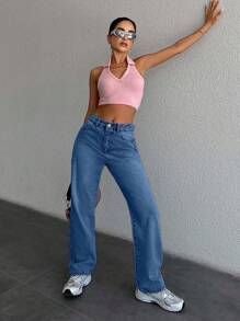 SHEIN Quần Jeans Ống Đứng 100% Cotton Cho Nữ - Màu xanh nhạt - Xem 6