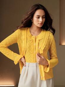 Anewsta 2件套女士套装 - 纯色喇叭袖纽扣开衫和无袖针织上衣 - 黃色 - 查看 6