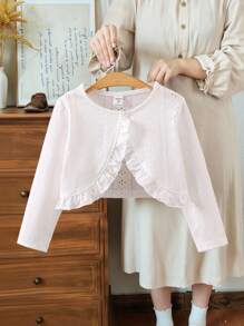 SHEIN Vintaside Kids Young Girl Ruffle Trim Eyelet Embroidery Crop Jacket,Holiday,Summer,Travel - White - View 5