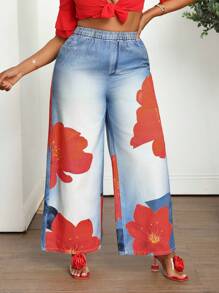 SHEIN CURVE+ Pantalones vaqueros de talla grande con estampado de lirios rojos, pantalones anchos con cintura elástica cómoda, pantalones con estampado de lirios coloridos de estilo Y2K para festivales de música de otoño - Lavado ligero - Ver 8