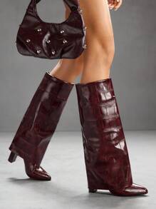 CUCCOO SZL Stylish Chunky Heel Over-The-Knee Women Boots With Stone Pattern For Christmas - Burgundy - View 7