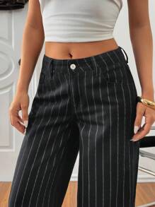 SHEIN Cottnline Women's Striped Low Waist Pockets Wide Leg Loose Casual Versatile Jeans Striped Pants Pinstripe Pants High Waist Pants Women Pants Casual Black And White Striped Pants - Medium Wash - View 1