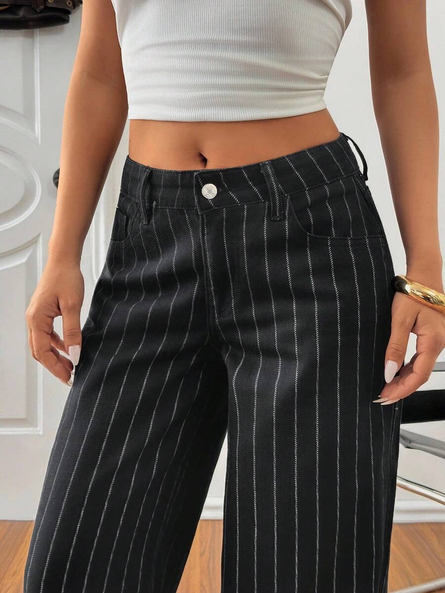 SHEIN Cottnline Women's Striped Low Waist Pockets Wide Leg Loose Casual Versatile Jeans Striped Pants Pinstripe Pants High Waist Pants Women Pants Casual Black And White Striped Pants - Medium Wash - View 1