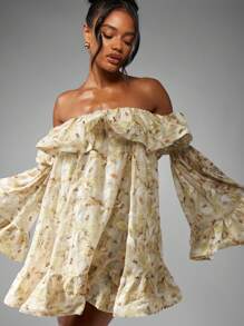MISSGUIDED Chiffon Off Shoulder Mini Dress Floral Print Ruffle Bell Sleeve Spring Summer Wedding Guest Boho Garden Party Smock - Yellow - View 3