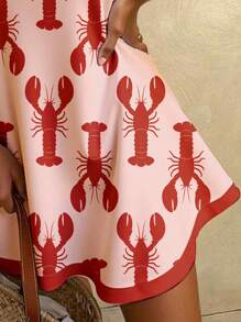 SHEIN EZwear Women's Casual Minimalist Vacation Red Lobster Pattern Short Dress, Suitable For Summer Vacation Dress Chic Dress - Multicolor - View 6