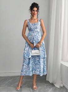 SHEIN Women's Elegant Floral Print Casual Sleeveless Maternity Dress - Blue and White - View 1