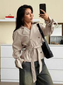 SHEIN EZwear Casual Versatile Fashion Waist Tie Long Sleeve Women Trench Coats,Fall Women Clothes