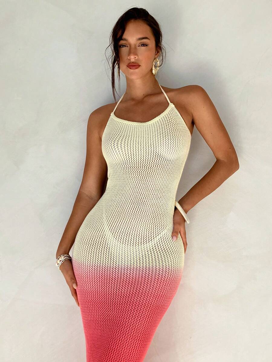 Aloruh Women's Ombre Color Fishtail Hem Fitted Maxi Halter Dress - Multicolor - View 1