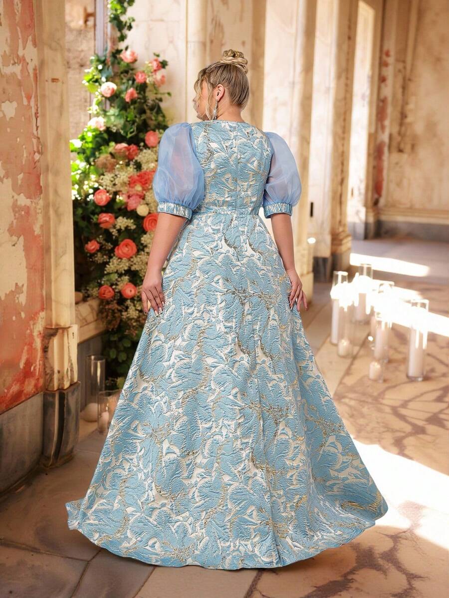 SHEIN Belle 加大码夏季优雅浪漫奢华蓝色卢勒克斯提花缎不对称领口设计泡泡袖修身宽摆下摆连衣裙，适合晚会、舞会、约会、婚礼、毕业典礼、度假 - 藍色 - 查看 1