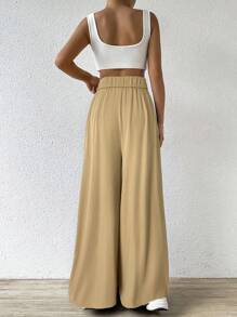 SHEIN EZwear 棕色女士褶皱阔腿休闲裤 - 棕色 - 查看 2