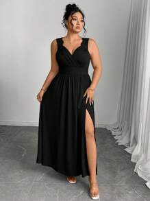 Elenzga 加大码 V 领撞色蕾丝吊带背心连衣裙，修身罗纹开衩喇叭裙 - 黑色 - 查看 3