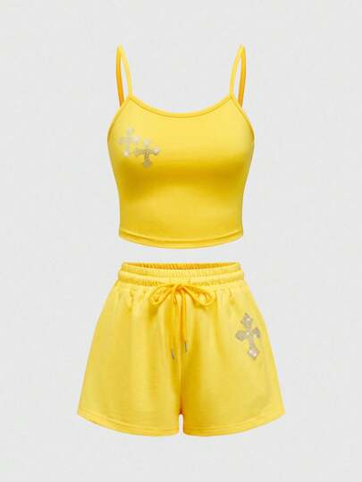 Goth 2pcs Women's All-Match Versatile Knit Elastic Cross Rhinestones Camisole And Shorts Set