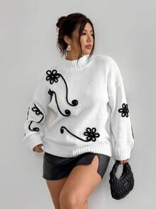 Firerie Plus Size Women Floral Embroidered Drawstring Neck Casual Long Sleeve Sweater Fall/Winter - White - View 4