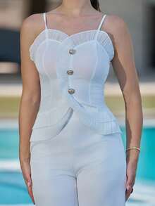 Andrea Bello 2pcs Women Elegant Ruffled Strap Tube Top & Straight Leg Pants Set - White - View 3