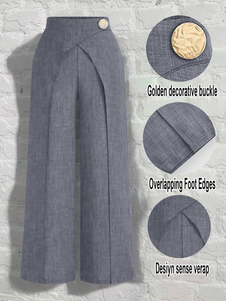 GlowEve 女士优雅通勤和日常休闲 欧美风格 仿牛仔效果 交叉腰部金属扣装饰 侧拉链 轻松穿脱 休闲和商务 春夏百搭设计 - 灰色 - 查看 1