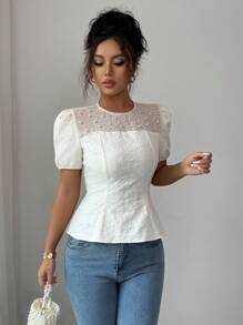 Elenzga Puff Sleeve Ruffled Hem Square Neck Square Neck Waist Decorated Pearl Detail Elegant Romantic Cream Yellow Ladies Blouse