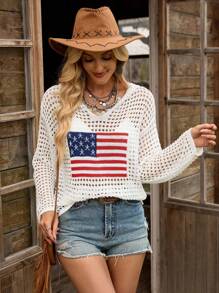 LanaWest Women 4th Of July Casual Flag Cutout Hooded Sweater Knit Pullover Fall Winter