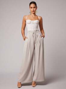 Silquee Women's Solid Light Cardigan Belt Pocket Pleated Pants Wide Leg Pants High Waist Pants Lace-Up Pants Pleated Pants Suit Pants Casual Suit Woven Office Teacher Autumn Women's Autumn Office Suit Pants - Khaki - View 1