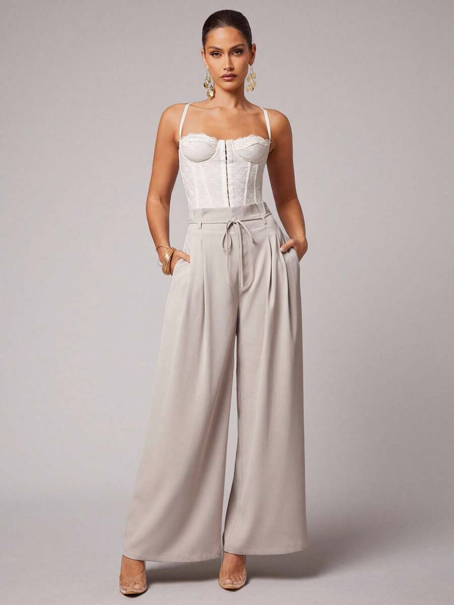 Silquee Women's Solid Light Cardigan Belt Pocket Pleated Pants Wide Leg Pants High Waist Pants Lace-Up Pants Pleated Pants Suit Pants Casual Suit Woven Office Teacher Autumn Women's Autumn Office Suit Pants - Khaki - View 1