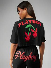 Missguided x Playboy 超大号短款 T 恤樱桃印花设计棉质街头休闲短袖宽松节日夏季春季上衣 - 黑色 - 查看 6
