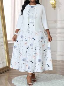 SHEIN Lady 春夏秋冬休闲优雅通勤办公室彩色圆领喇叭腰带纽扣中长袖休闲优雅金色连衣裙职业装棕色裙子白色裙子女装套装 - 彩色 - 查看 7