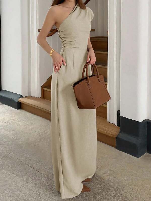 Cévolie Women's Solid Color Waist-Cinched Asymmetric Neck Long Dress