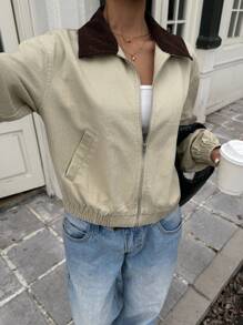 SHEIN EZwear Áo khoác dài tay trễ vai dệt màu cho nữ có khóa kéo phía trước - Màu Khaki - Xem 8