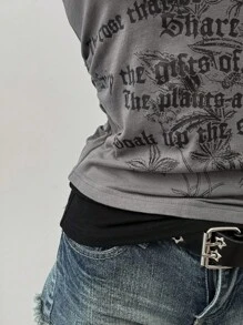 SHEIN EZwear Ancora Design 女款红黑拼色针织 T 恤 - 灰色 - 查看 5